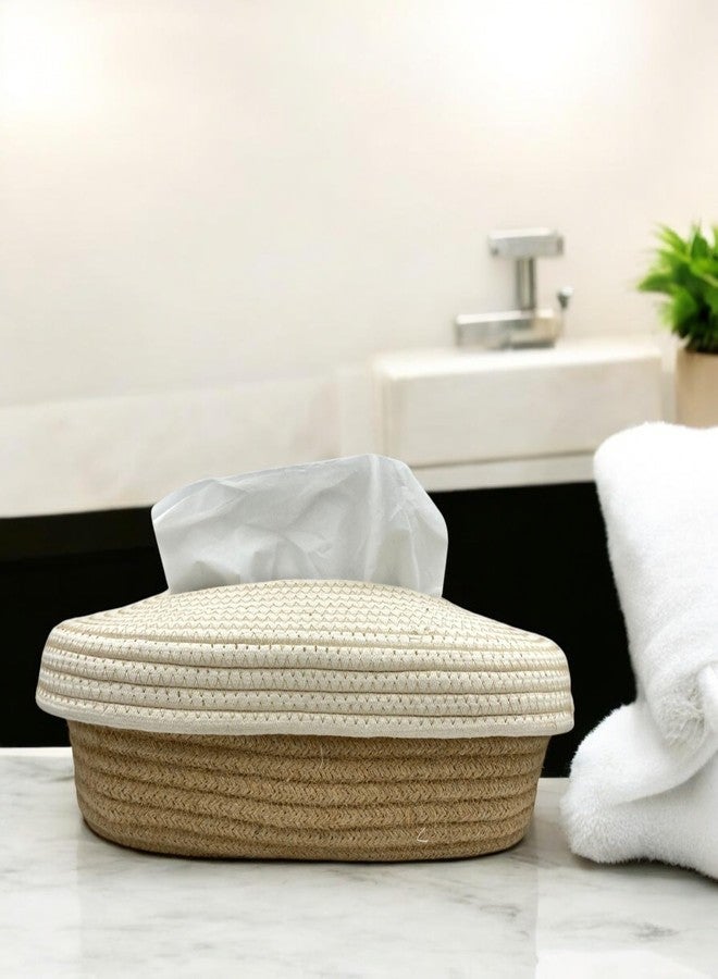 BOBBINY Jute Cotton Tissue Box Holder, Handcrafted Tissue Container for 100 Pulls Natural Tissue Holder for Office Living Bedroom Car Desk Dining Table Home Decor (Off White & Brown, Design 5) - Image 3